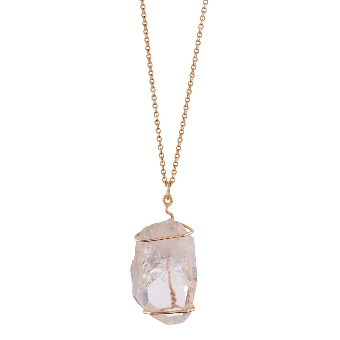 Rock Crystal Quartz, 14k Yellow Gold Necklace: Rock Crystal Quartz, 14k Yellow Gold Necklace. Featuring one partially faceted rock crystal quartz measuring approximately 29 x 18 mm, wrapped in a 14k yellow gold mounting, suspended from a 14k yello