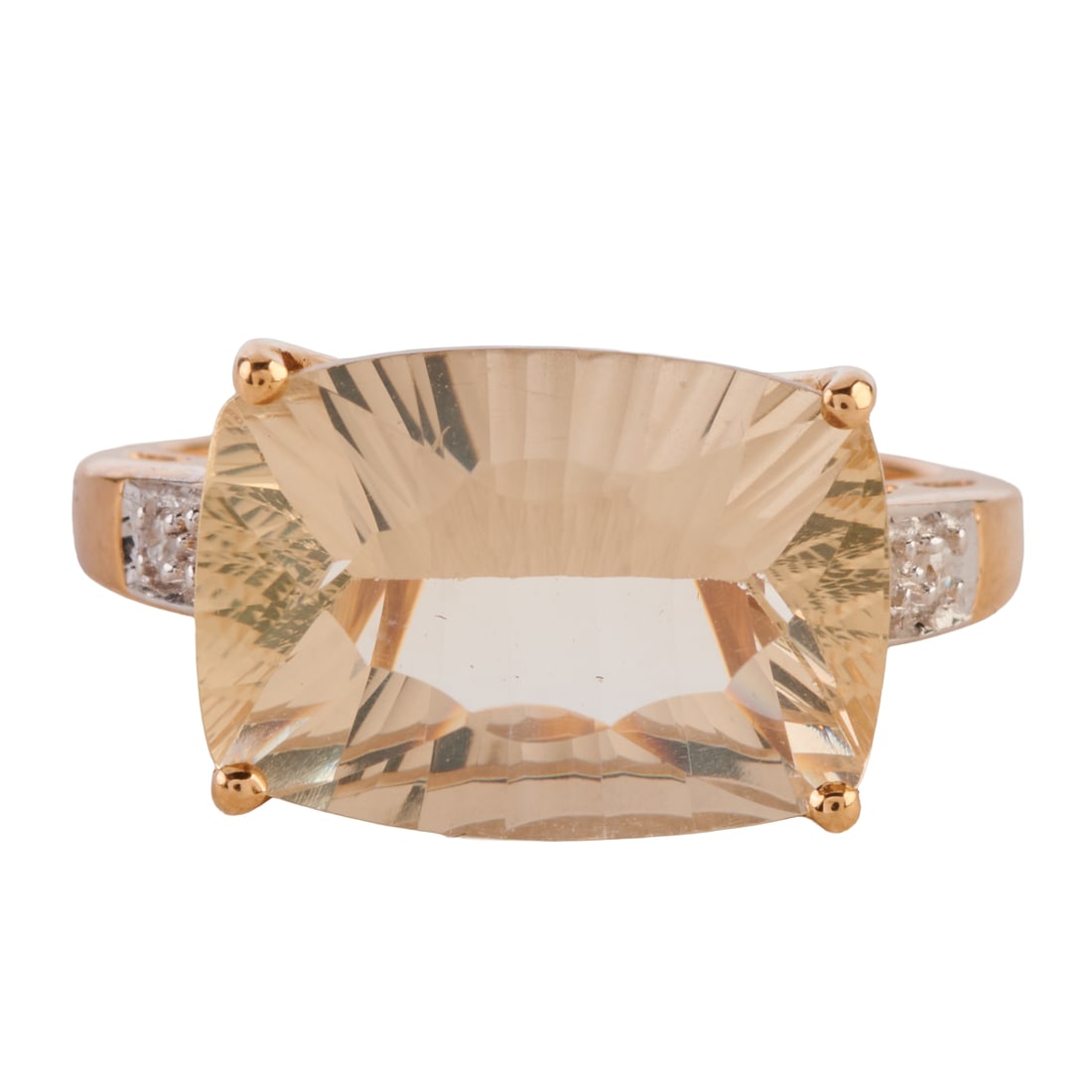 Citrine, Diamond, 14k Yellow Gold Ring: Citrine, Diamond, 14k Yellow Gold Ring. Featuring one fancy-cut rectangular citrine measuring approximately 14.1 x 10 mm, accented by round-cut diamonds, set in a 14k yellow gold mounting. {Size: 7, G