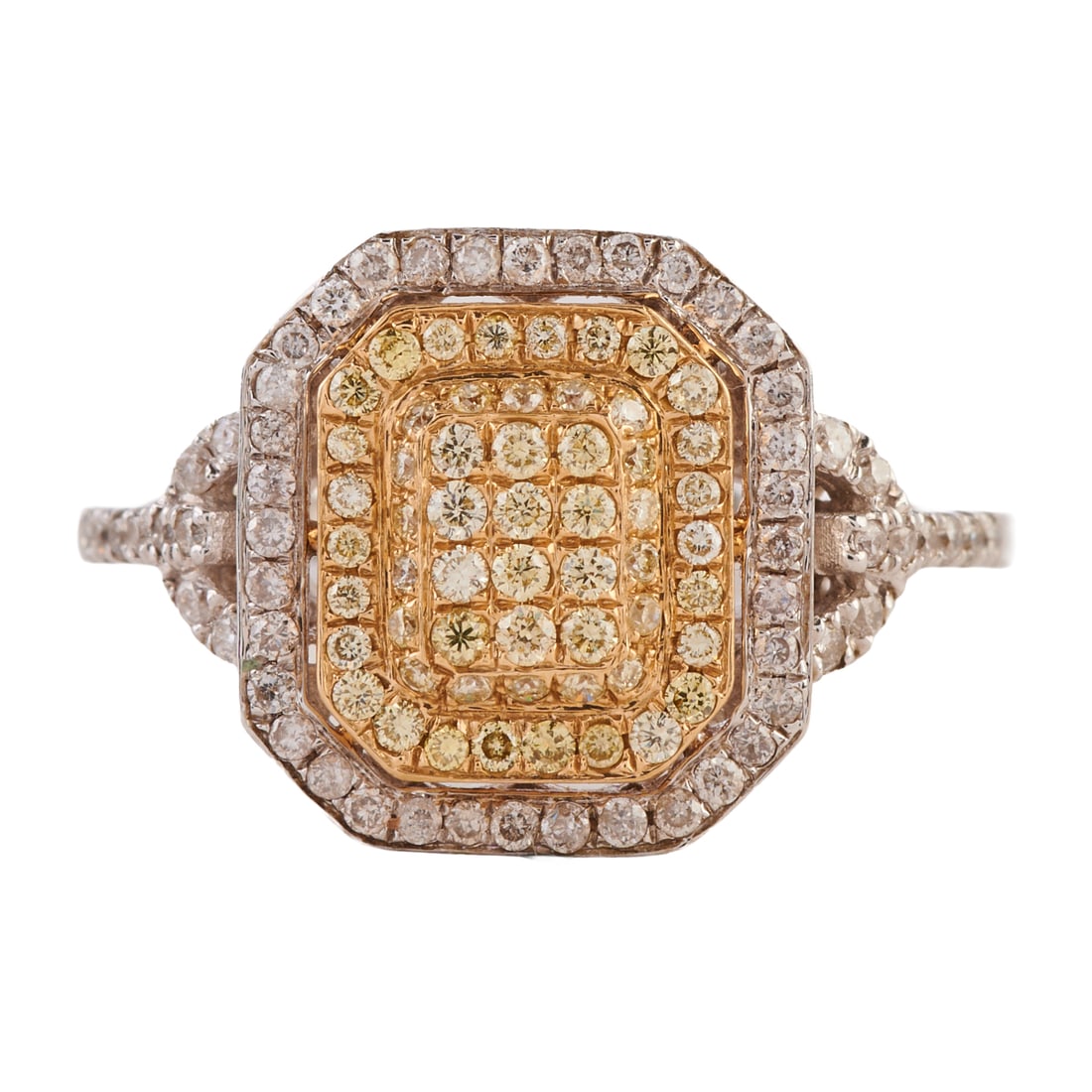 Yellow Diamond, Diamond, 14k Gold Ring: Yellow Diamond, Diamond, 14k Gold Ring. Featuring numerous round-cut yellow and near colorless diamonds weighing a total of approximately 0.25 cttw., set in a 14k yellow and white gold mounting.