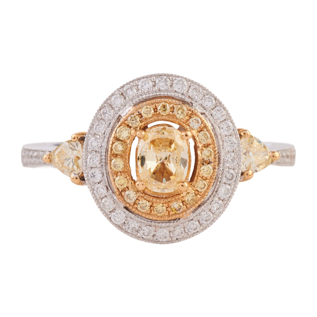 Yellow Diamond, Diamond, 14k Gold Ring: Yellow Diamond, Diamond, 14k Gold Ring. Centering one oval-cut yellow diamond measuring approximately 4.75 x 4 mm, accented by two triangular-cut yellow diamonds and round-cut yellow and near colorles