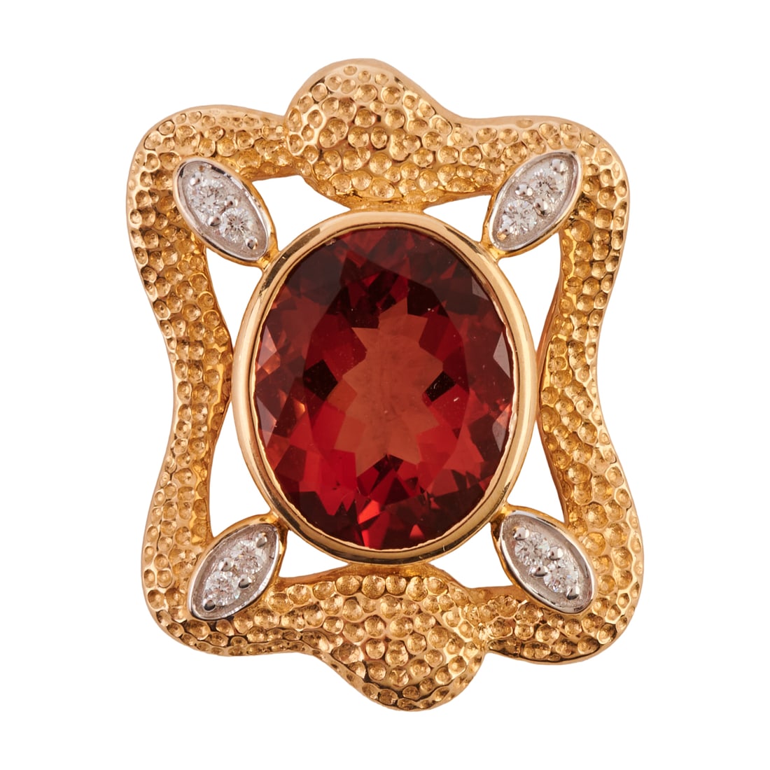 Garnet, Diamond, 14k Yellow Gold Slide Pendant: Garnet, Diamond, 14k Yellow Gold Slide Pendant. Centering one oval-cut garnet measuring approximately 11.1 x 9 mm, accented by eight full-cut diamonds weighing a total of approximately 0.04 cttw., set