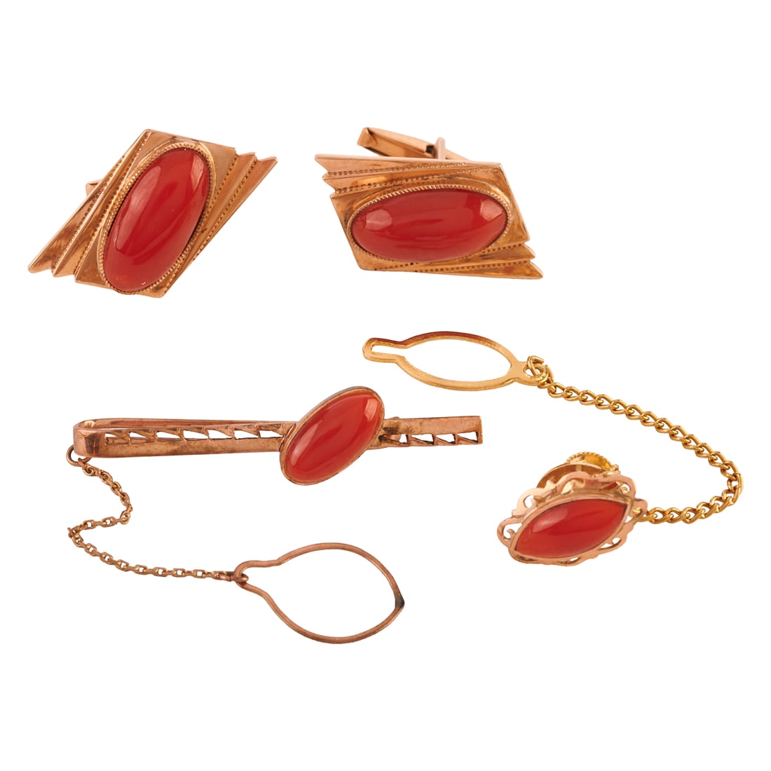 *Gent's Red Coral, Rose Gold, Metal Jewelry Suite: *Gent's Red Coral, Rose Gold, Metal Jewelry Suite. Including one pair of oval shaped red coral cabochon, 10k rose gold cufflinks measuring approximately 20 x 15 mm; one oval shaped red coral cabochon,