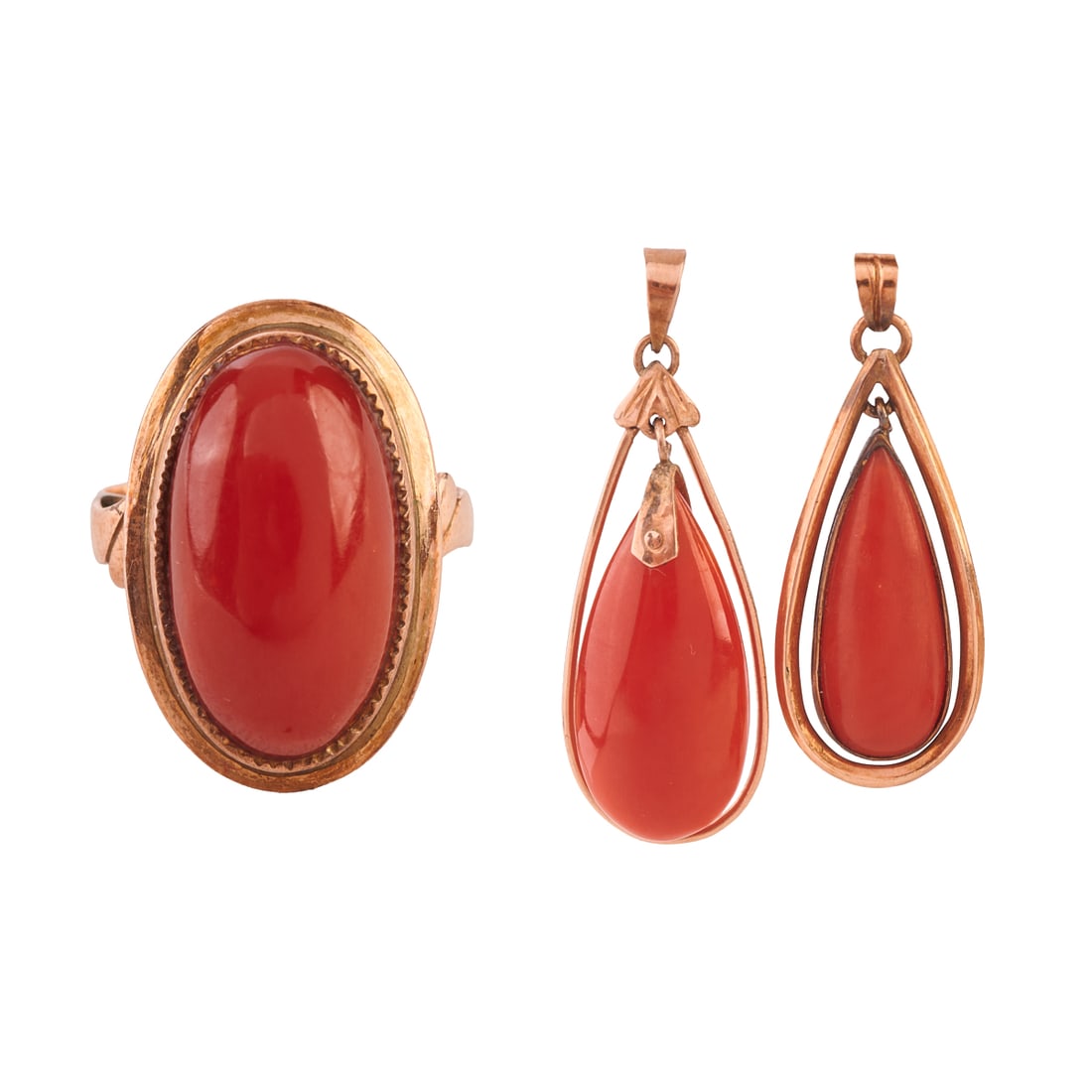 *Red Coral, 10k Rose Gold Jewelry Suite: *Red Coral, 10k Rose Gold Jewelry Suite. Including one red coral drop, 10k rose gold pendant measuring approximately 35 x 12 mm; one red coral drop, 10k rose gold pendant measuring approximately 31 x 