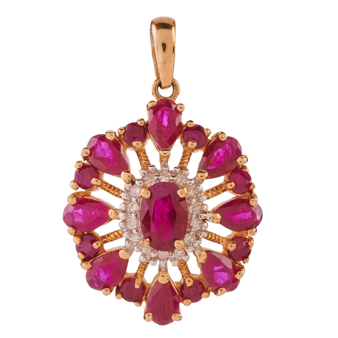 Ruby, Diamond, 14k Yellow Gold Pendant: Ruby, Diamond, 14k Yellow Gold Pendant. Centering one oval-cut ruby, surrounded by pear-cut and round-cut rubies, accented by single-cut diamonds, set in a 14k yellow gold mounting measuring approxima