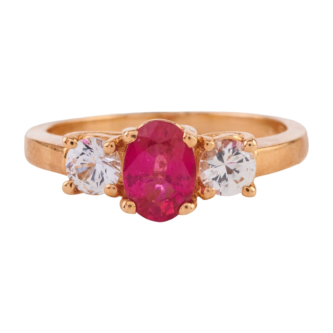 Effy Pink Stone, Colorless Topaz, 14k Yellow Gold Ring: Effy Pink Stone, Colorless Topaz, 14k Yellow Gold Ring. Featuring one oval-cut pink stone measuring approximately 6.9 x 4.9 mm, flanked by two round-cut colorless topaz, set in a 14k yellow gold mount