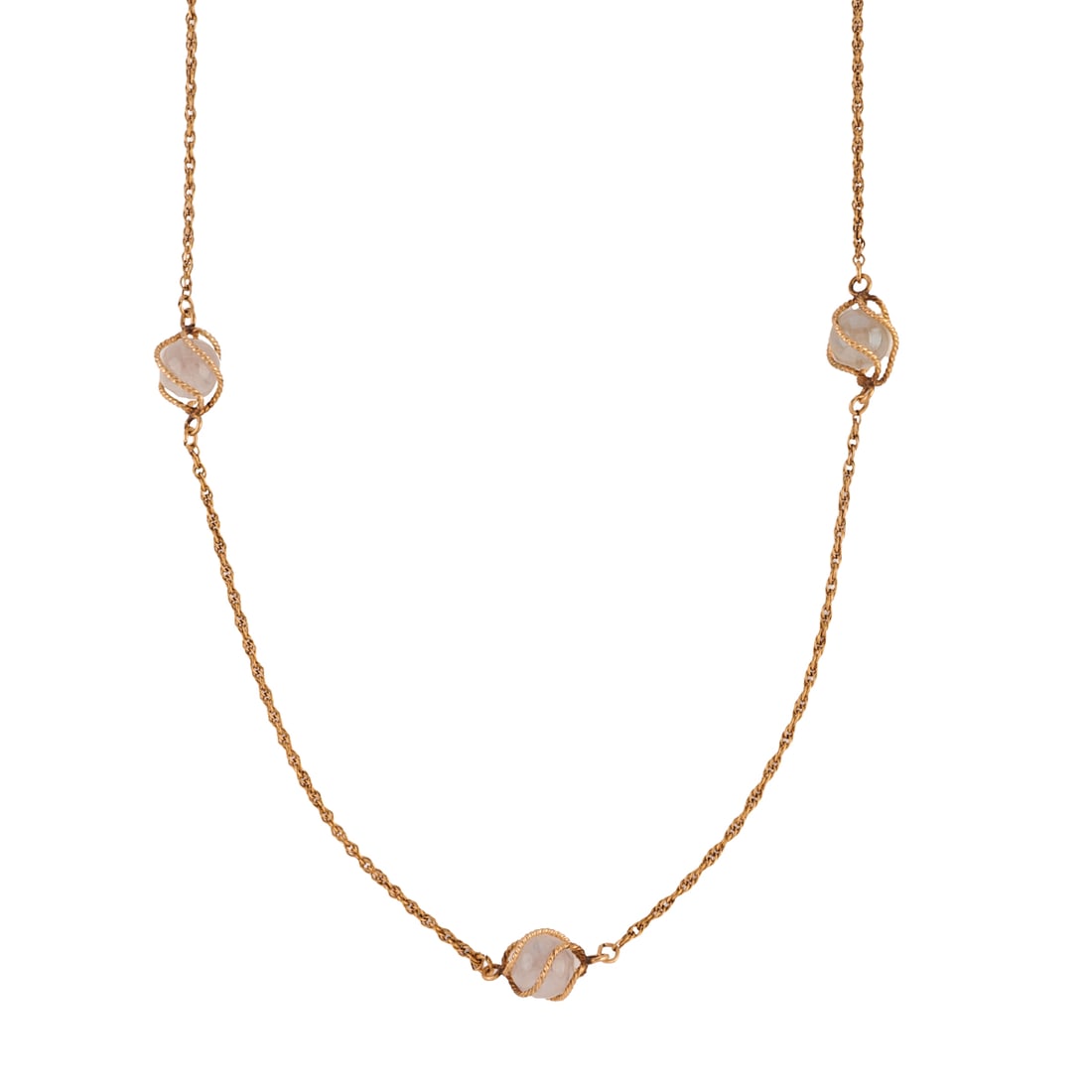 Vintage Rock Crystal Quartz Pool of Lights, Gold-Filled Necklace: Vintage Rock Crystal Quartz Pool of Lights, Gold-Filled Necklace. Featuring five rock crystal quartz pools of light measuring approximately 10.4 mm, set in gold-filled cages, suspended from a