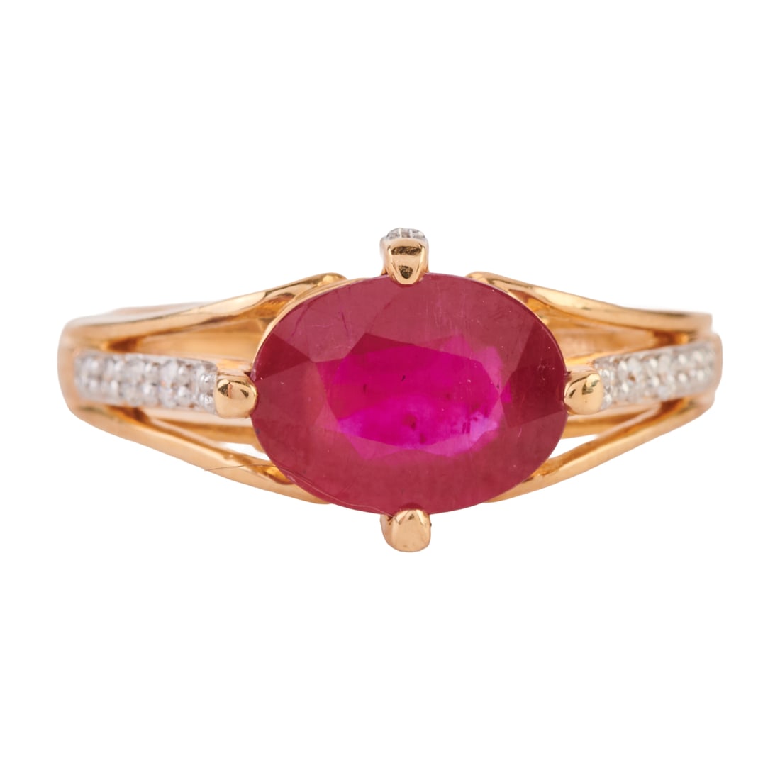 Ruby, Diamond, 14k Yellow Gold Ring: Ruby, Diamond, 14k Yellow Gold Ring. Featuring one oval-cut ruby weighing approximately 1.85 ct., accented by twelve full-cut diamonds weighing a total of approximately 0.06 cttw., set in a 14k yellow