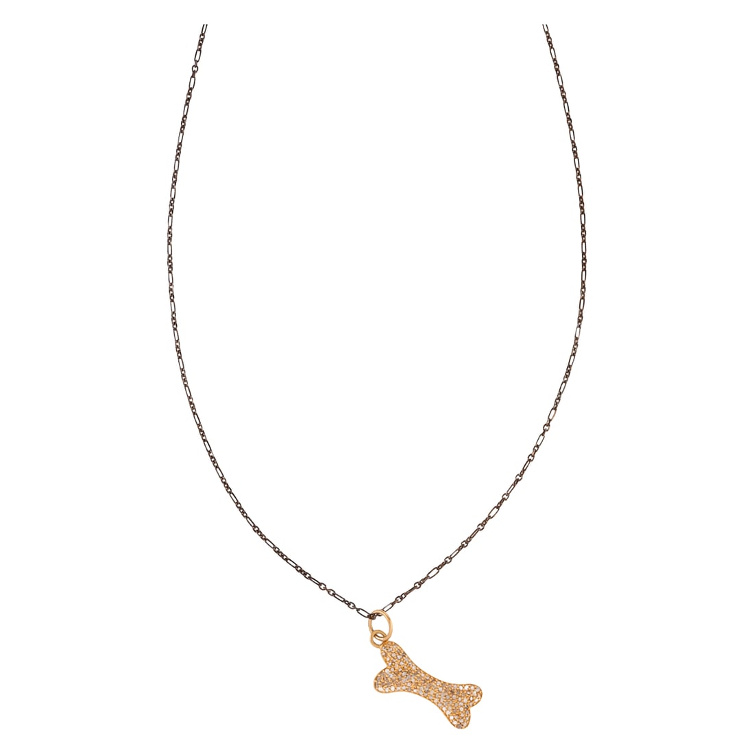 Diamond, Vermeil, Oxidized Silver Necklace: Diamond, Vermeil, Oxidized Silver Necklace. Designed as a dob bone, featuring round-cut diamonds throughout, set in a vermeil mounting measuring approximately 28 x 12 mm, suspended from an oxidized
