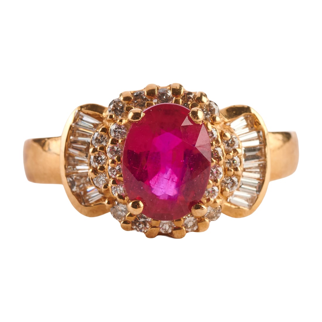 Effy Ruby, Diamond, 14k Yellow Gold Ring: Effy Ruby, Diamond, 14k Yellow Gold Ring. Featuring one oval-cut ruby weighing approximately 1.45 ct., accented by twelve tapered baguette-cut and twenty-four full-cut diamonds weighing a total of app