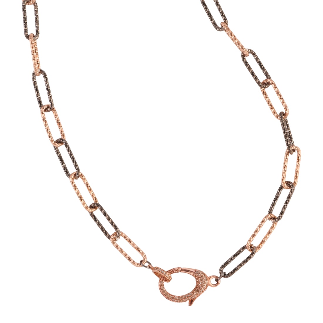 Diamond, Rose Vermeil, Oxidized Silver Necklace: Diamond, Rose Vermeil, Oxidized Silver Necklace. Featuring numerous round-cut diamonds, set in a rose vermeil lobster claw clasp mounting, suspended from a paperclip chain of alternating rose vermeil