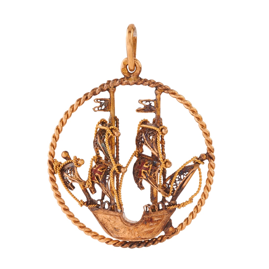 Enamel, 18k Yellow Gold, Silver Pendant: Enamel, 18k Yellow Gold, Silver Pendant. Designed as a Spanish Galleon ship, the sails featuring red enamel, set on European silver, further set in an 18k yellow gold circle mounting measuring