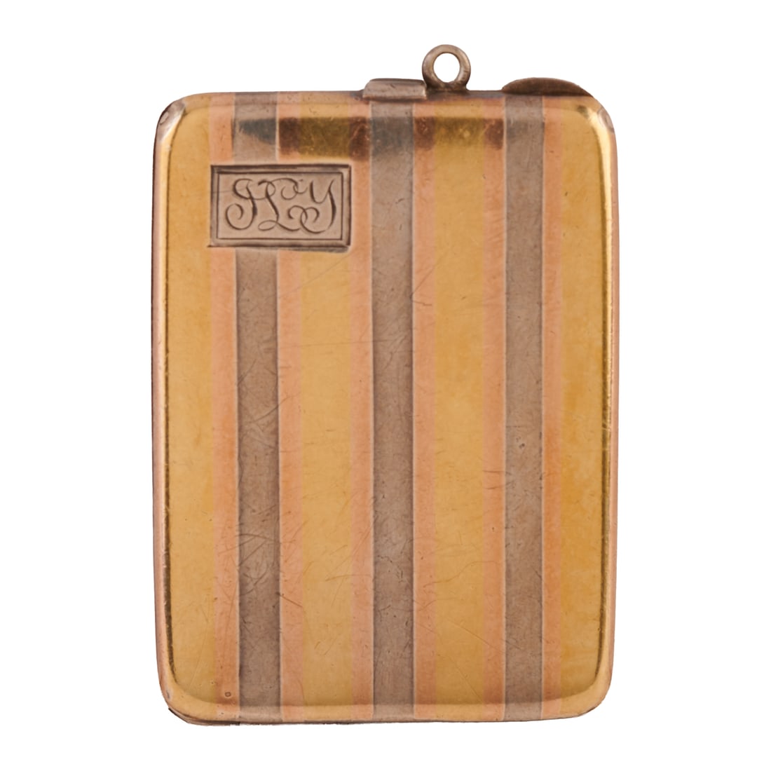 Edwardian 14k Yellow Gold, Sterling Silver Locket Pendant: Edwardian 14k Yellow Gold, Sterling Silver Locket Pendant. The 14k yellow and rose gold pinstripes alternating with sterling silver pinstripes, featuring engraved initials "JLY" and measuring