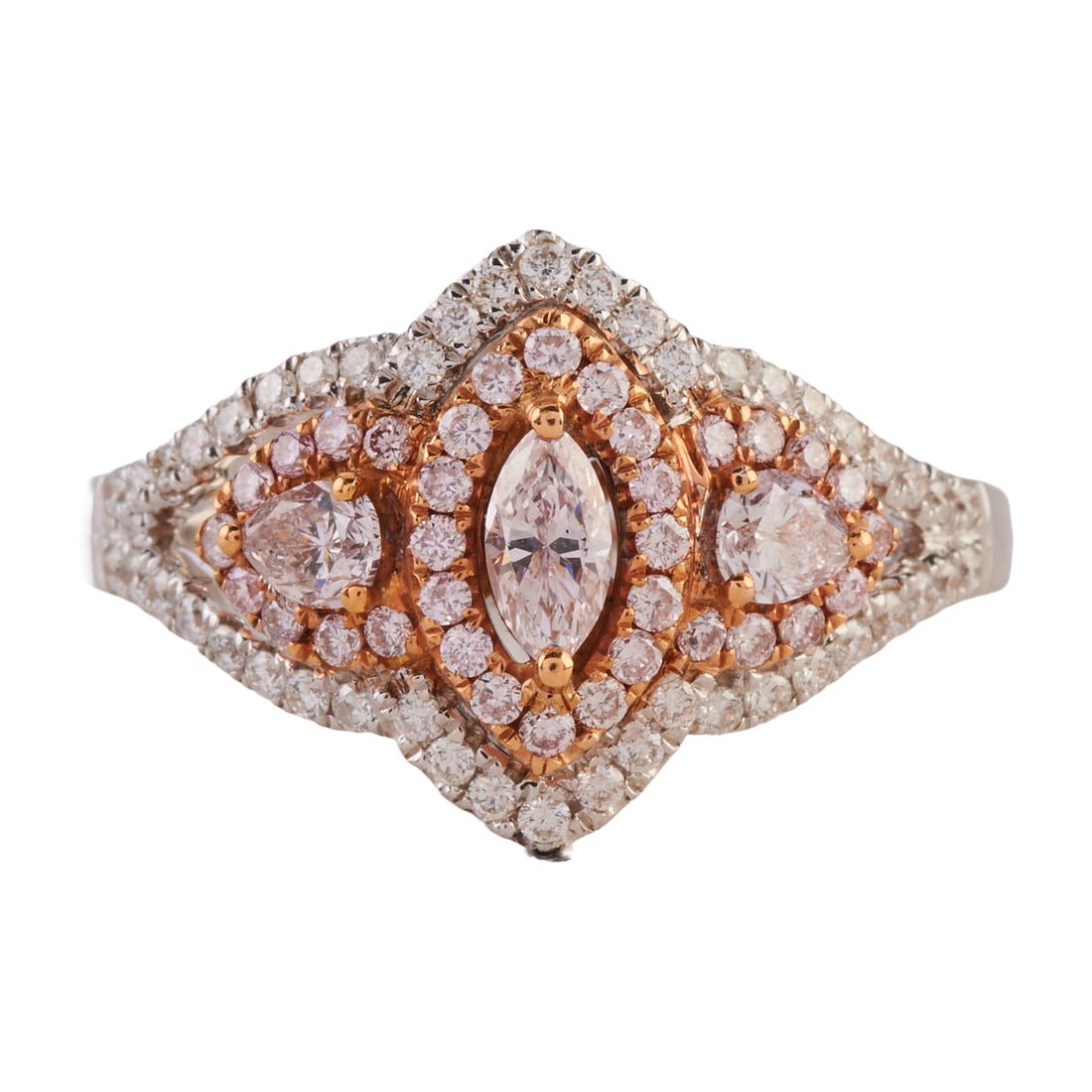 Canary Star Pink Diamond, Diamond, 18k Gold Ring: Canary Star Pink Diamond, Diamond, 18k Gold Ring. Featuring one marquise-cut and two pear-cut diamonds weighing a total of approximately 0.38 cttw., accented by round-cut pink and near colorless