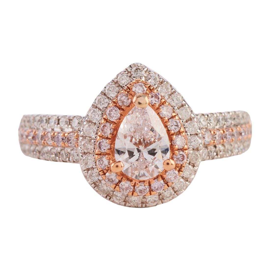 Canary Star Pink Diamond, Diamond, 18k Gold Ring: Canary Star Pink Diamond, Diamond, 18k Gold Ring. Centering one pear-cut pink diamond weighing approximately 0.51 ct., accented by round-cut pink and near colorless diamonds weighing a total of approx
