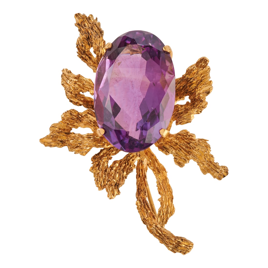 Amethyst, 14k Yellow Gold Brooch: Amethyst, 14k Yellow Gold Brooch. Featuring one oval-cut amethyst weighing approximately 33.50 cts., set in a 14k yellow gold brutalist style floral mounting measuring approximately 57 x 42 mm.