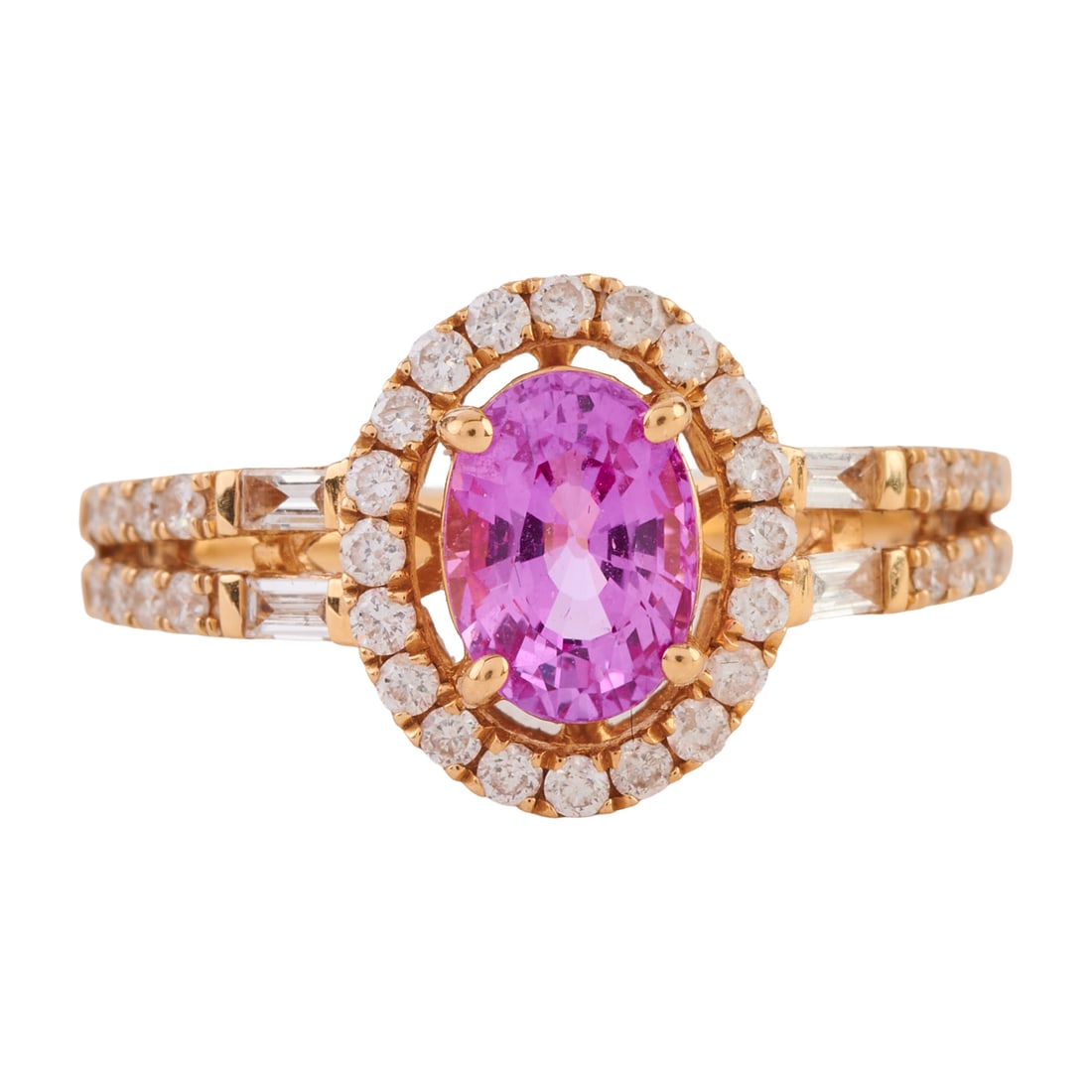 Pink Sapphire, Diamond, 18k Yellow Gold Ring: Pink Sapphire, Diamond, 18k Yellow Gold Ring. Featuring one oval-cut pink sapphire weighing approximately 1.10 ct., accented by four baguette-cut and thirty-six full-cut diamonds weighing a total of