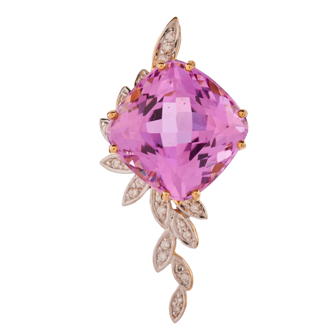 Kunzite, Diamond, 18k Yellow Gold Pendant: Kunzite, Diamond, 18k Yellow Gold Pendant. Featuring one cushion-cut kunzite weighing approximately 17.35 cts., accented by full-cut diamonds, set in an 18k yellow gold mounting measuring
