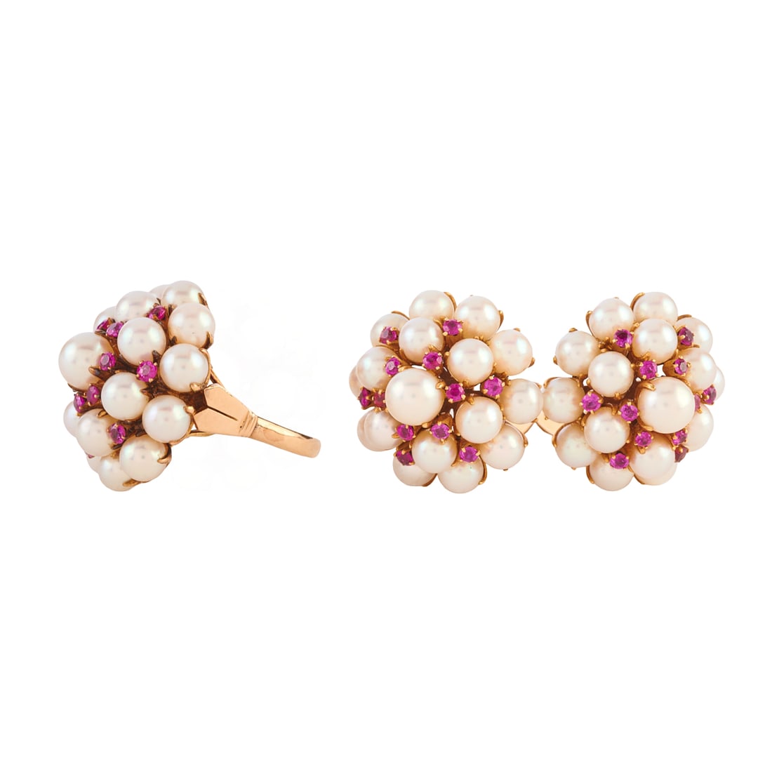 Cultured Pearl, Synthetic Ruby, 14k Yellow Gold Jewelry Suite: Cultured Pearl, Synthetic Ruby, 14k Yellow Gold Jewelry Suite. Including one cultured pearl, round-cut synthetic ruby, 14k yellow gold cluster ring, size 7 1/2 together with a pair of matching