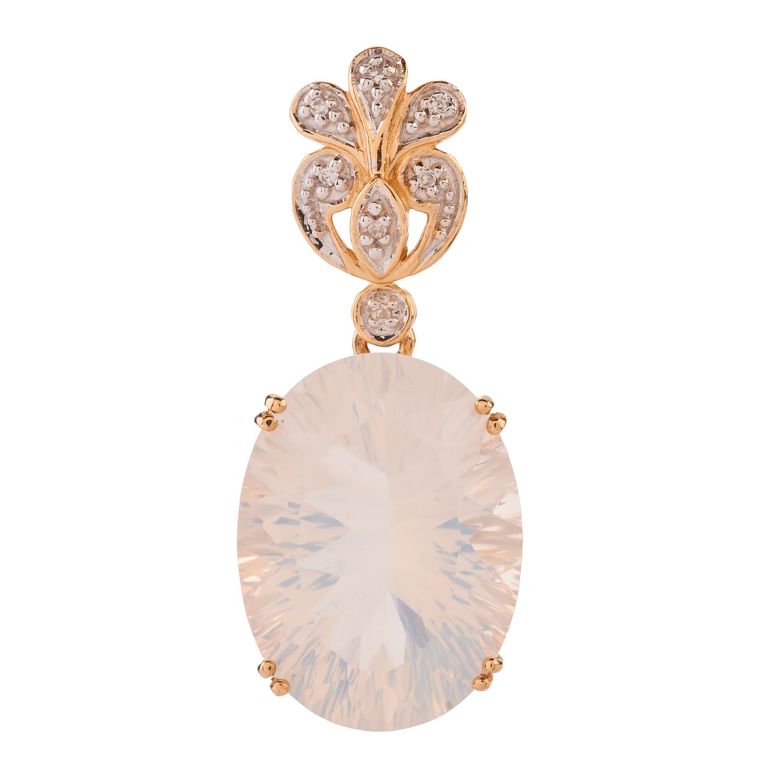 Rainbow Moonstone, Diamond, 14k Yellow Gold Pendant: Rainbow Moonstone, Diamond, 14k Yellow Gold Pendant. Featuring one fancy oval-cut rainbow moonstone measuring approximately 19.9 x 15 mm, accented by single-cut diamonds, set in a 14k yellow and