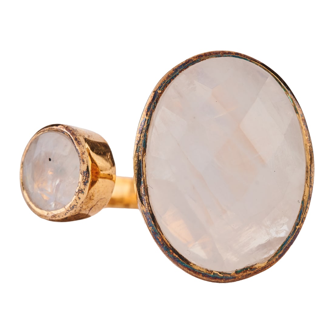 Moonstone, Vermeil Cuff Ring: Moonstone, Vermeil Cuff Ring. Featuring one oval shaped, faceted-top and one round-cut moonstone, bezel set in a vermeil cuff mounting. {Size: 8 3/4, Gross Weight: 3.3 dwts}