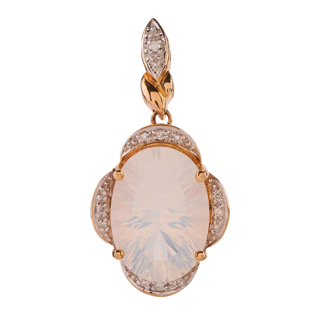 Rainbow Moonstone, Diamond, 14k Yellow Gold Pendant: Rainbow Moonstone, Diamond, 14k Yellow Gold Pendant. Featuring one fancy oval-cut rainbow moonstone measuring approximately 18.1 x 13 mm, accented by round-cut diamonds, set in a 14k yellow gold