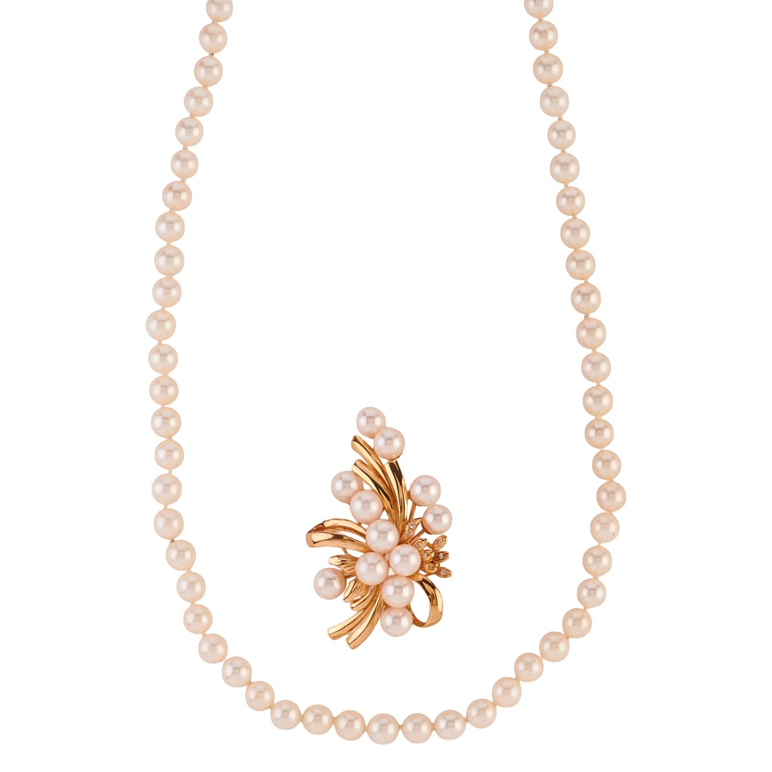 Cultured Pearl, Diamond, 14k Yellow Gold Jewelry Suite: Cultured Pearl, Diamond, 14k Yellow Gold Jewelry Suite. Including one cultured pearl, diamond, 14k yellow gold spray brooch measuring approximately 34 x 57 mm together with a cultured pearl, 14k