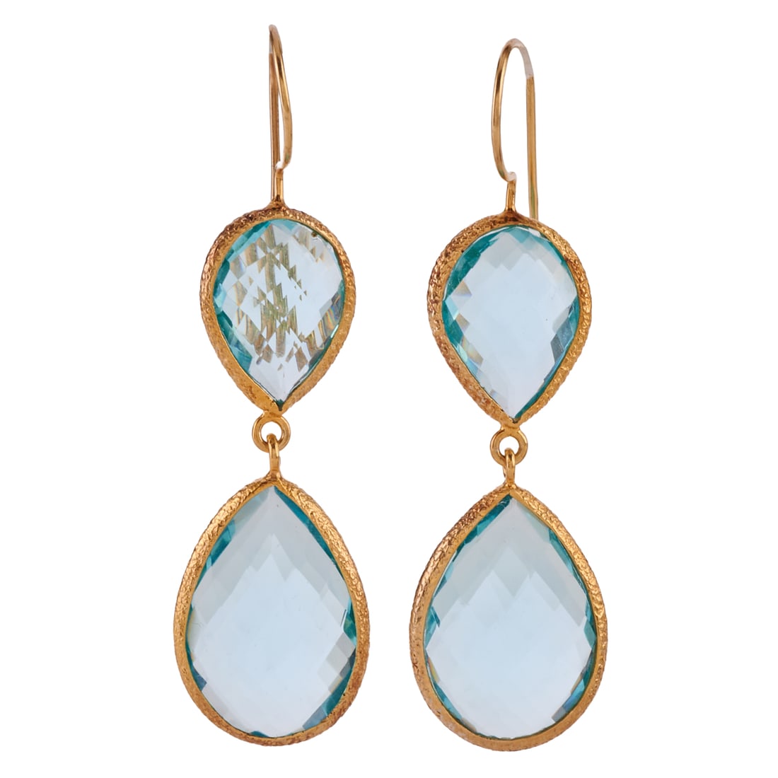 Pair of Blue Topaz, Vermeil Drop Earrings: Pair of Blue Topaz, Vermeil Drop Earrings. Each featuring two pear shaped, faceted blue topaz, bezel set in a vermeil textured mounting measuring approximately 60 mm in length. {Gross Weight: 6.3 dwts