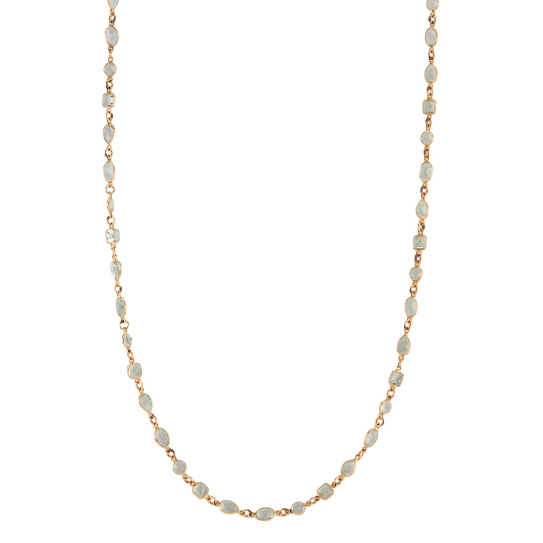 Blue Topaz, Vermeil Necklace: Blue Topaz, Vermeil Necklace. Featuring numerous pear, oval, round and square-cut blue topaz, bezel set and linked by vermeil mountings, completed by a lobster claw clasp, forming a 36 inch necklace.