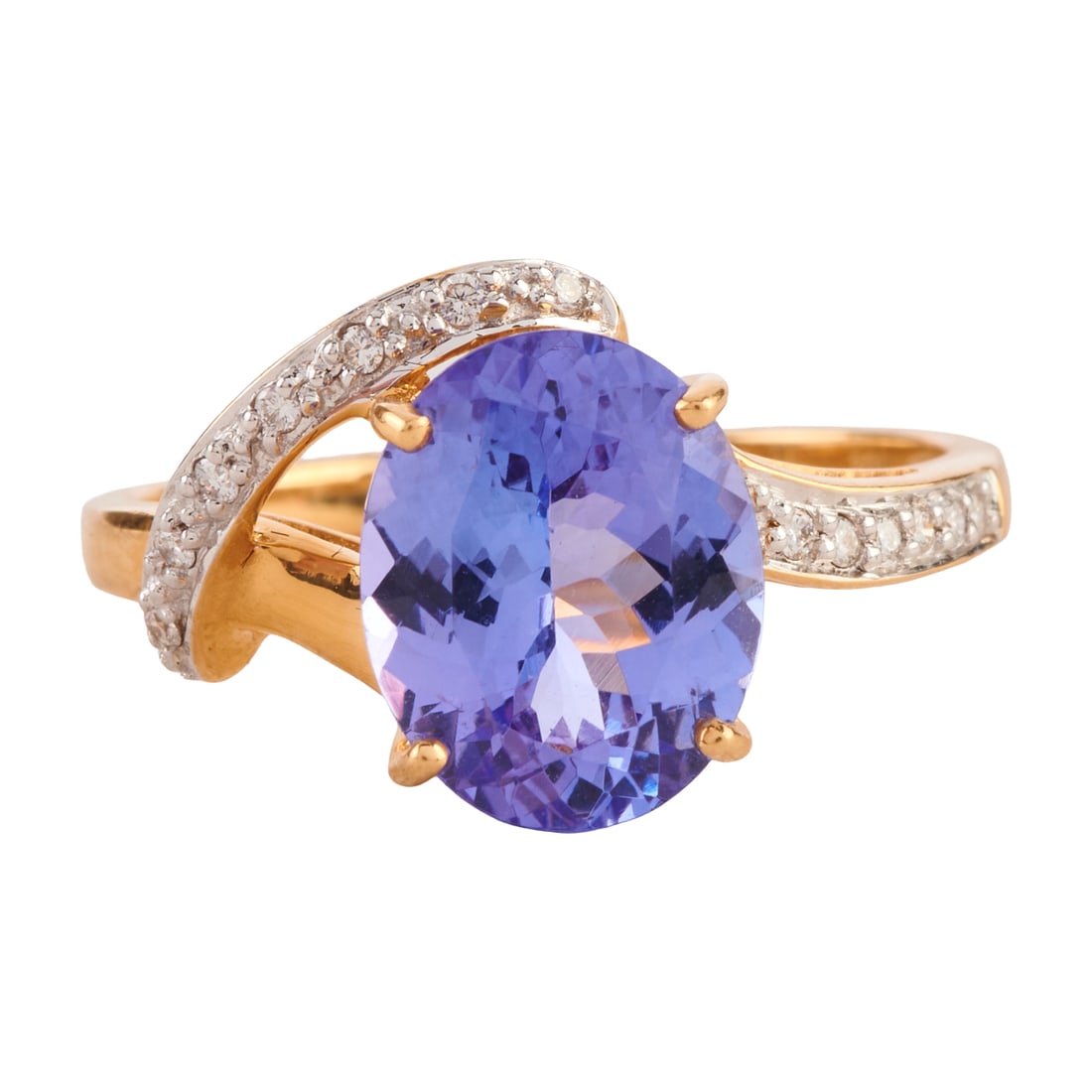 Tanzanite, Diamond, 18k Yellow Gold Ring: Tanzanite, Diamond, 18k Yellow Gold Ring. Featuring one oval-cut tanzanite weighing approximately 2.50 cts., accented by full-cut diamonds, set in an 18k yellow gold mounting. {Size: 7, Gross Weight: 