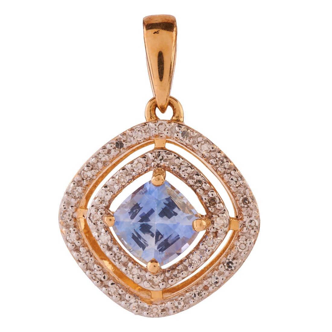 Sapphire, Diamond, 18k Yellow Gold Pendant: Sapphire, Diamond, 18k Yellow Gold Pendant. Featuring one cushion-cut sapphire weighing approximately 1.45 ct., accented by round-cut diamonds, set in an 18k yellow gold mounting measuring approximate