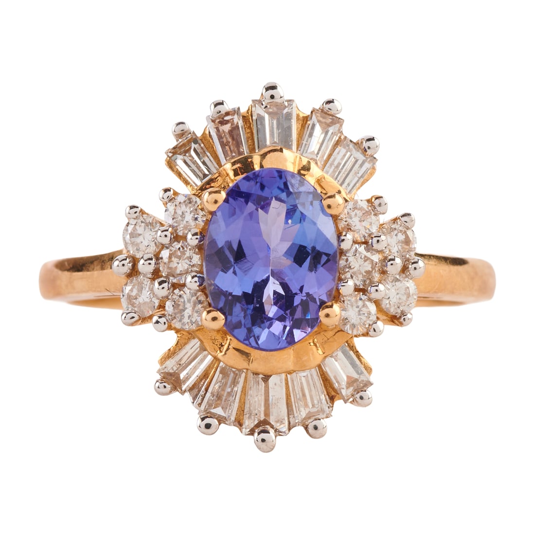 Tanzanite, Diamond, 14k Yellow Gold Ring: Tanzanite, Diamond, 14k Yellow Gold Ring. Centering one oval-cut tanzanite weighing approximately 0.95 ct., accented by ten tapered baguette-cut and ten full-cut diamonds weighing a total of