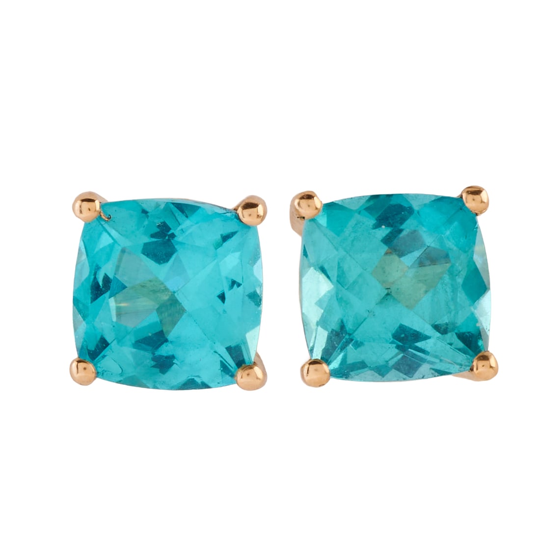 Pair of Apatite, 10k Yellow Gold Stud Earrings: Pair of Apatite, 10k Yellow Gold Stud Earrings. Each featuring one cushion-cut apatite weighing approximately 1.33 ct. and 1.47 ct., set in a 10k yellow gold stud mounting. {Gross Weight: 1.2 dwts}