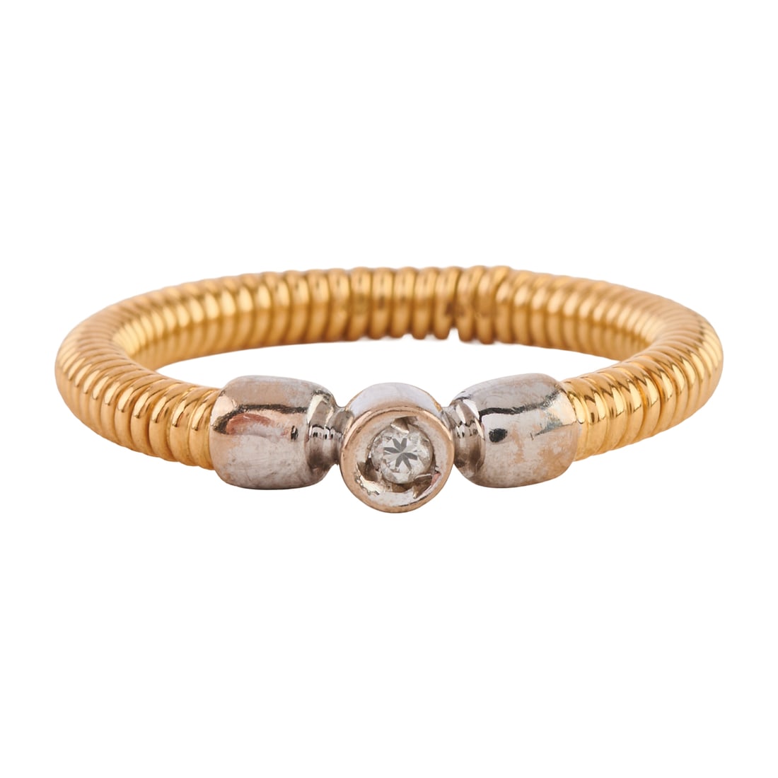 Diamond, 18k Gold Ring: Diamond, 18k Gold Ring. Featuring one full-cut diamond weighing approximately 0.05 ct., set in an 18k white and yellow gold twisted shank mounting. {Size: 7, Gross Weight: 2.8 dwts}