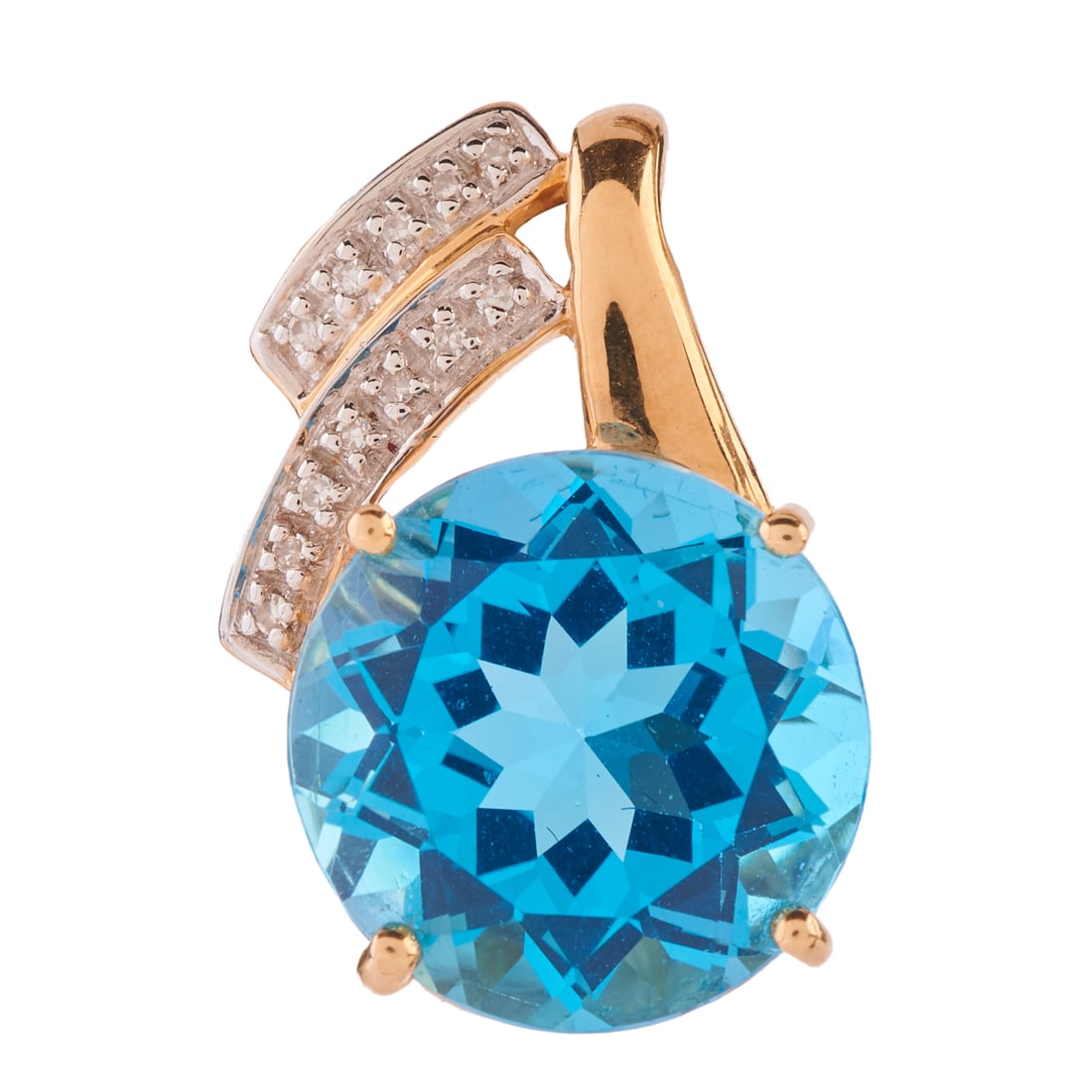 Blue Topaz, Diamond, 14k Yellow Gold Pendant: Blue Topaz, Diamond, 14k Yellow Gold Pendant. Featuring one round-cut blue topaz measuring approximately 13.8 mm, accented by round-cut diamonds, set in a 14k yellow gold mounting measuring