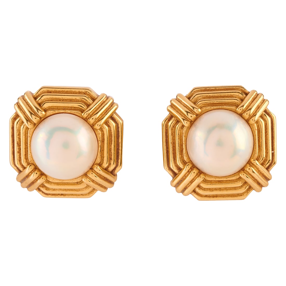 Pair of Mabe Cultured Pearl, 18k Yellow Gold Ear Clips: Pair of Mabe Cultured Pearl, 18k Yellow Gold Ear Clips. Each centering one round mabe cultured pearl measuring approximately 15.1 mm, set in an 18k yellow gold graduated step mounting measuring approx