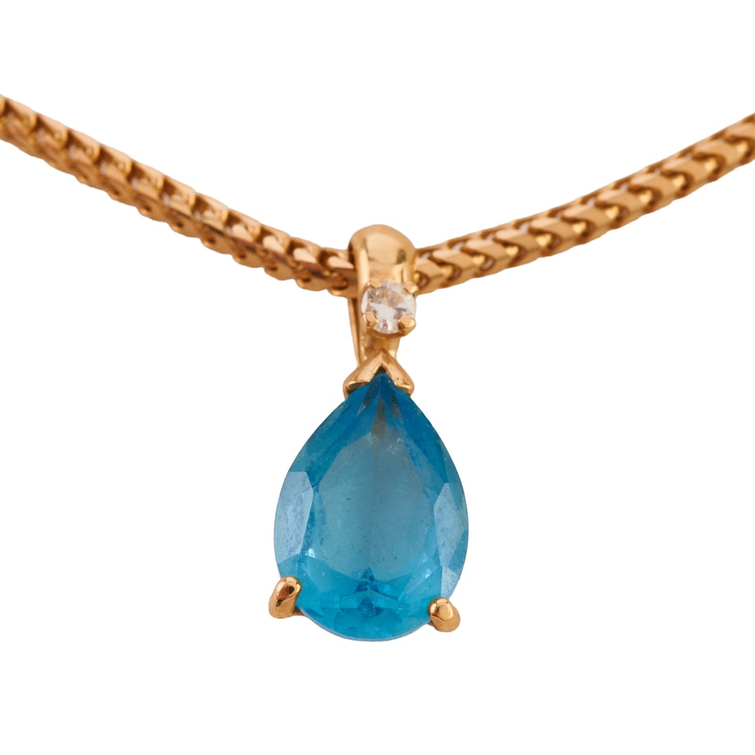 Blue Topaz, Diamond, 14k Yellow Gold Pendant Necklace: Blue Topaz, Diamond, 14k Yellow Gold Pendant Necklace. Featuring one pear-cut blue topaz measuring approximately 10.6 x 6.8 mm, accented by one full-cut diamond, set in a 14k yellow gold mounting, sus