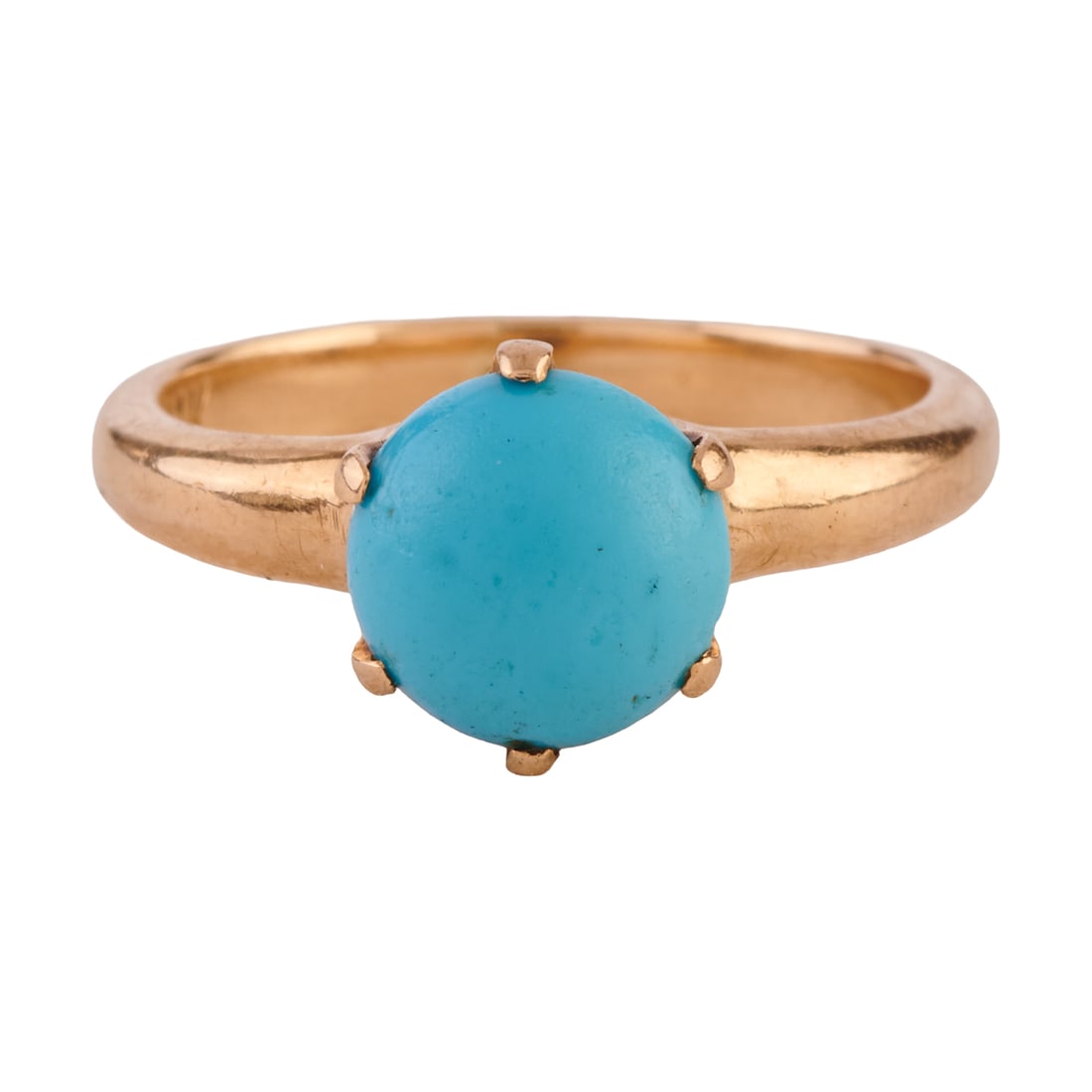 Vintage Turquoise, 14k Yellow Gold Ring: Vintage Turquoise, 14k Yellow Gold Ring. Featuring one round turquoise cabochon measuring approximately 7.4 mm, set in a 14k yellow gold mounting. {Size: 5, Gross Weight: 2.3 dwts}