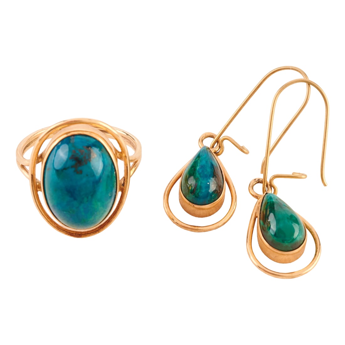 Azurite, 14k Yellow Gold Jewelry Suite: Azurite, 14k Yellow Gold Jewelry Suite. Including one oval shaped azurite cabochon, 14k yellow gold ring, size 4 1/2 together with a pair of matching pear shaped azurite, 14k yellow gold drop earrings