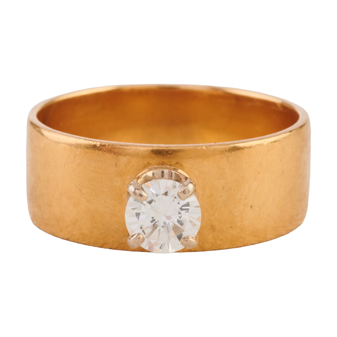 Diamond, 18k Yellow Gold Ring: Diamond, 18k Yellow Gold Ring. Featuring one round brilliant-cut diamond weighing approximately 0.40 ct., set in an 18k yellow gold mounting measuring approximately 7 mm in width. {Size: 7 1/4, Gross 