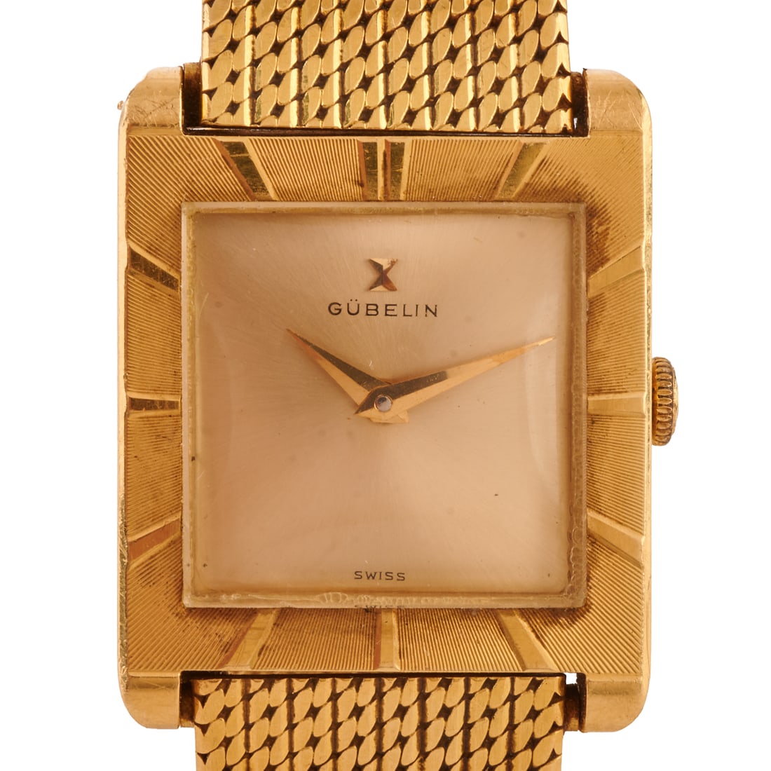 Men's Gubelin 18k Yellow Gold Wristwatch: Men's Gubelin 18k Yellow Gold Wristwatch. DIAL: Square, gold, gold dauphine hands, Gubelin, Swiss. MOVEMENT: Manual wind, seventeen (17) jewels, unadjusted, A1008, Gubelin, Swiss. CASE: Square, 18k ye