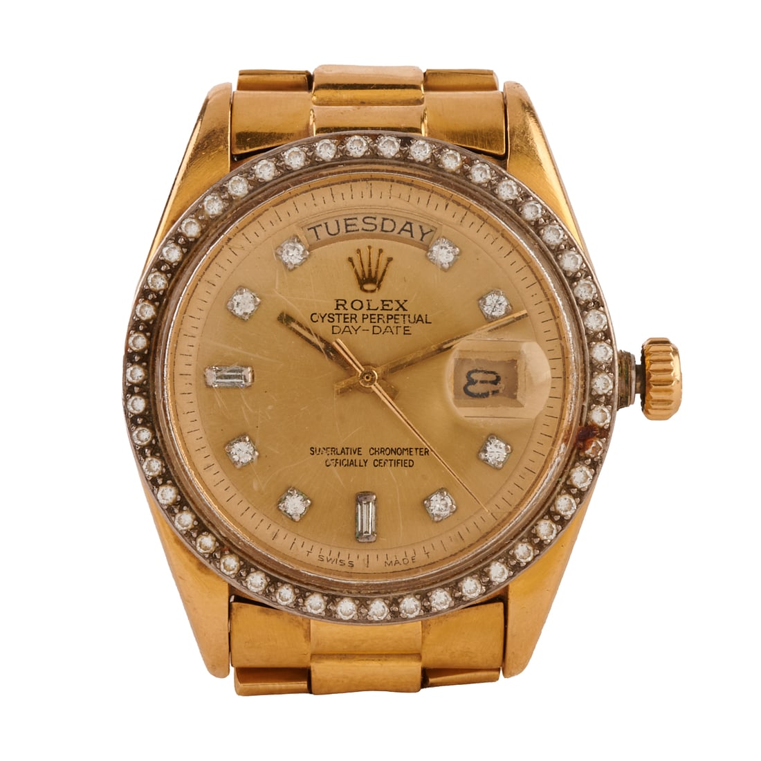 Men’s Rolex Oyster Perpetual Day-Date Diamond, 18k Yellow Gold Wristwatch: Men’s Rolex Oyster Perpetual Day-Date Diamond, 18k Yellow Gold Wristwatch. DIAL: Round, diamond hour markers, black outer seconds/minutes track, date aperture at 3 o'clock, day-date aperture at 