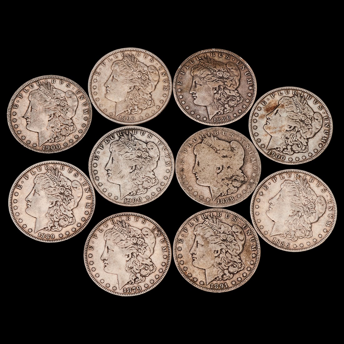 Ten Mixed Date Morgan Dollars (1 of 2)