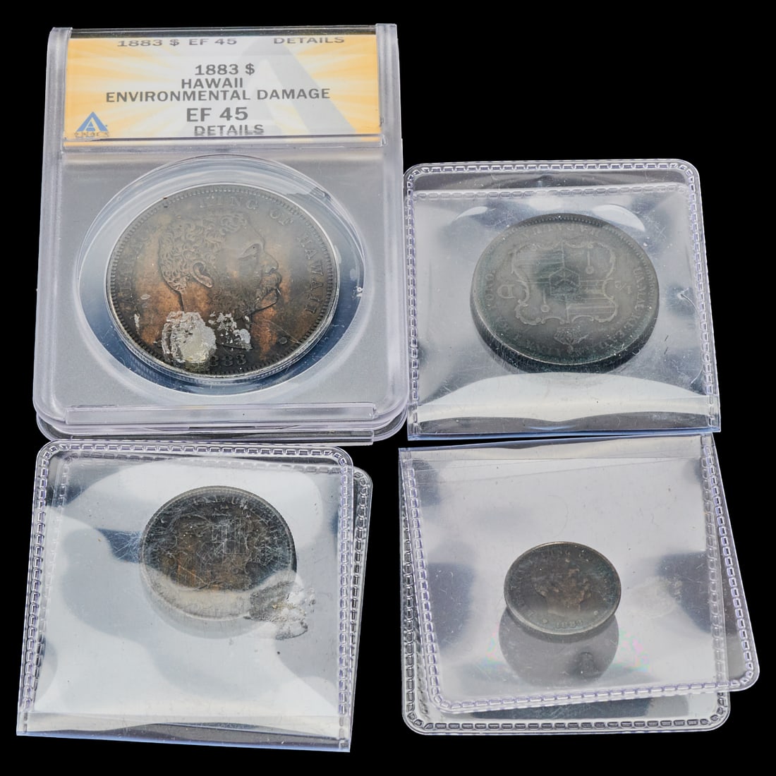 1883 Hawaiian Coin Set, One Dollar, Fifty Cents, Twenty Five Cents, and Ten Cents Coins: 1883 Hawaiian Coin Set, One Dollar, Fifty Cents, Twenty Five Cents, and Ten Cents Coins