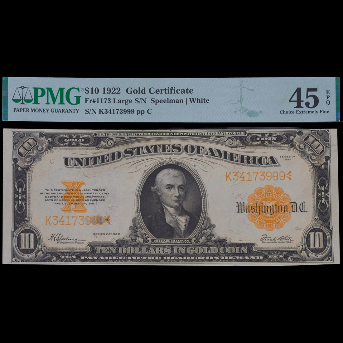 1922 Ten Dollar Gold Note, EF45: 1922 Ten Dollar Gold Note, EF45