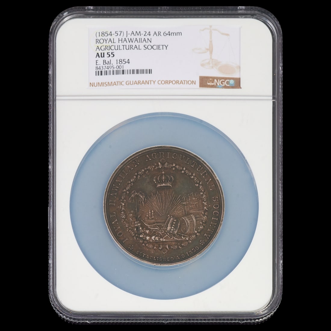 1854 Royal Hawaiian Agricultural Society Medal, AU55, Extremely Rare: 1854 Royal Hawaiian Agricultural Society Medal, AU55, Extremely Rare