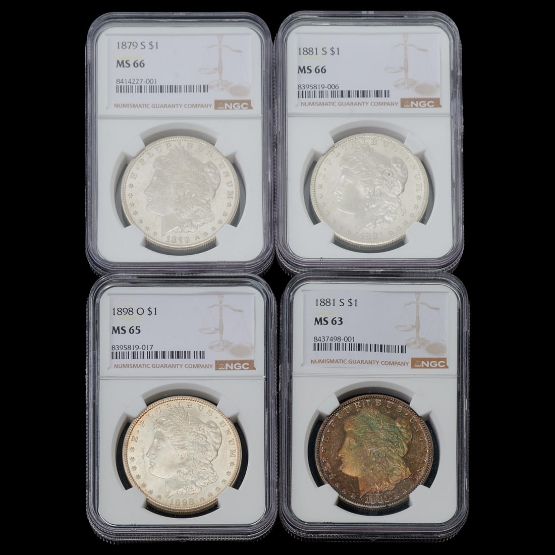 Four Morgan Dollars, 1879s MS66, 1881s MS66, 1881s MS63, 1898o MS65 (1 of 2)