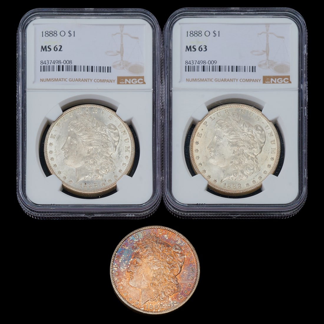 Three Morgan Dollars, 1888o, MS63, MS62, and Not Graded: Three Morgan Dollars, 1888o, MS63, MS62, and Not Graded