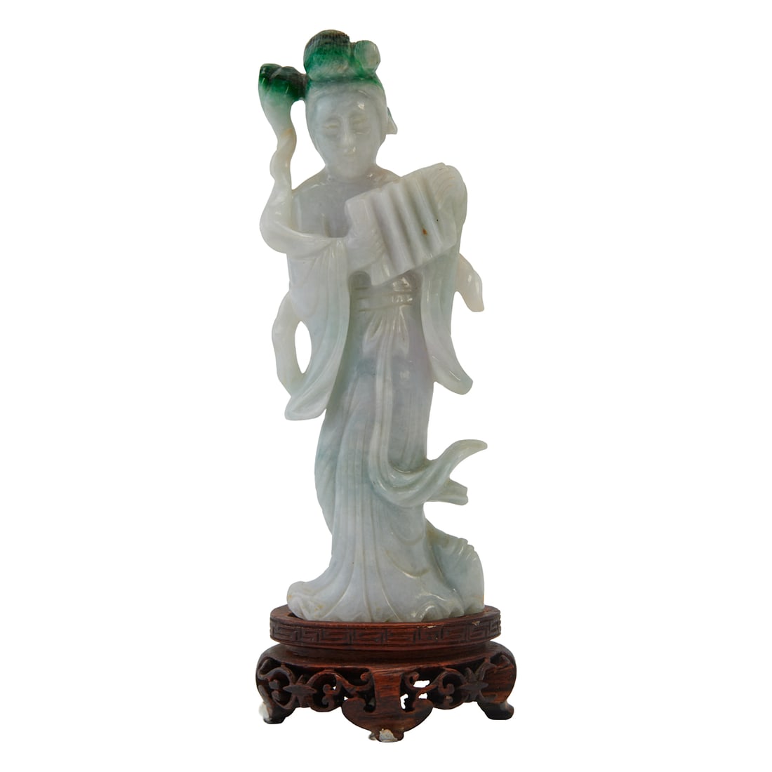 A Late Qing Dynasty Carved Jadeite Maiden With A Stand: Carved standing in flowing robes and holding a musical instrument, the pale stone with areas of bright green coloration, together with a carved wood stand. {Length 5 1/2 inches (14 cm) - without stand