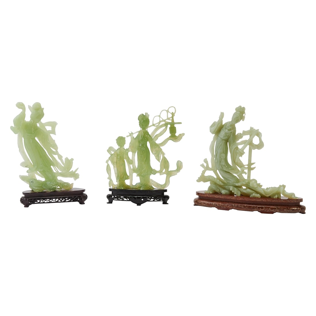 Three Chinese Xiuyu Carved Jade Figures, Goddess: Three Chinese Xiuyu Carved Jade Figures, Goddess, each with stand and box, 1970s. {Tallest: Height 9 1/4 x Width 6 inches }.