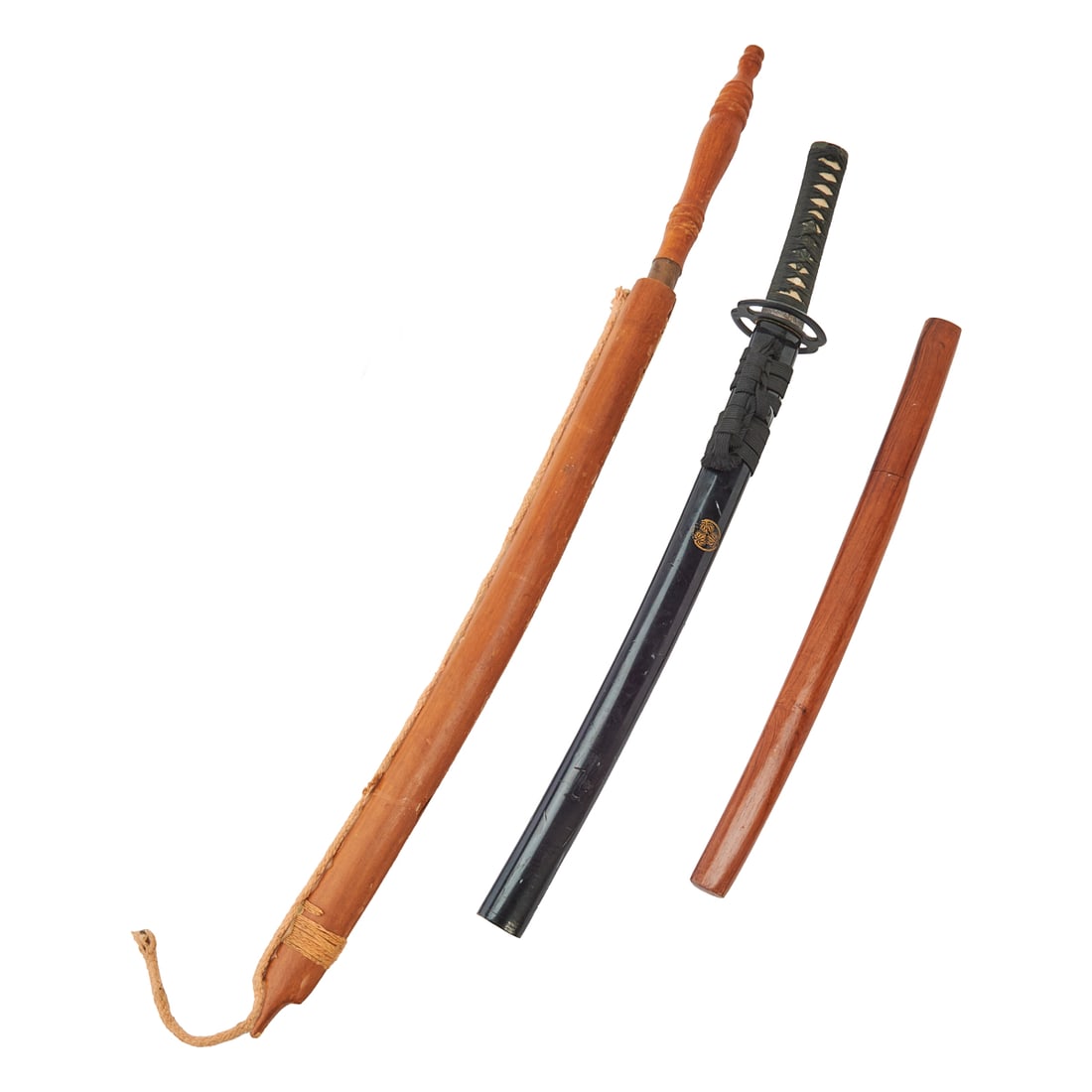 A Group of Japanese Samurai Wakizashi and Katana Swords: A Group of Japanese Samurai Wakizashi and Katana Swords; a)Katana with turned wood handle, wood and cord scabbard, and blade with marks (overall length 34 inches not including scabbard); b) Wakizashi 